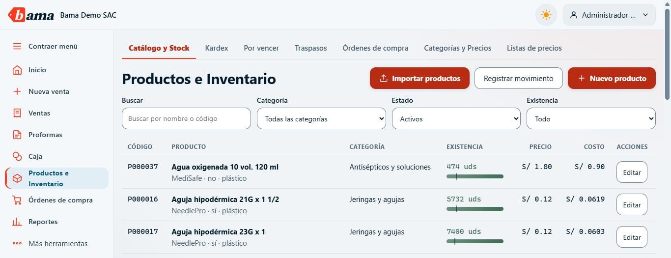 Pantalla de inventario de Bama